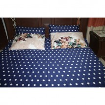 Blue Polka Dots Export Quality Cotton Satin Bed Sheet With 2 Pillows