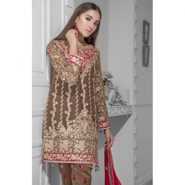 Chiffon Embroidered Dress with Red Embroidered Dopatta