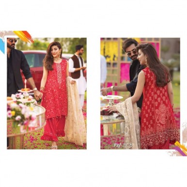 Red Embroidered Lawn Dress with Chiffon Embroidered Dopatta