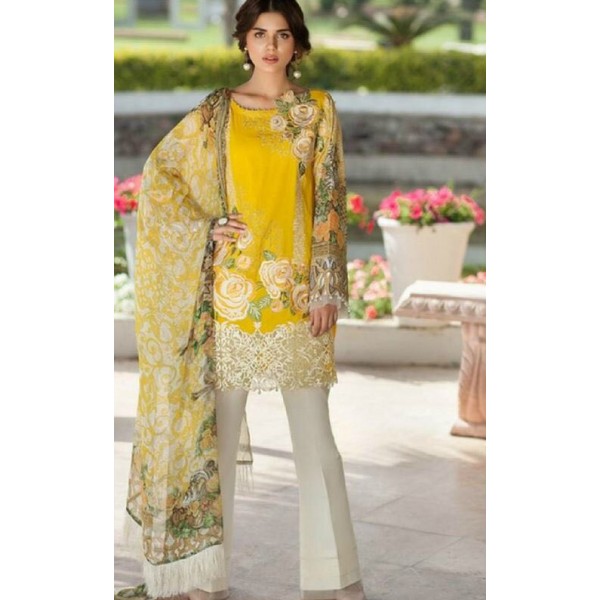 Sparkling Yellow Lawn Embroidered Dress with Chiffon Dopatta