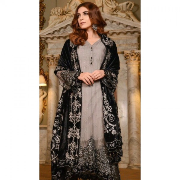 Embroidered Lawn Dress with Net Dopatta (Grey and Black dress)