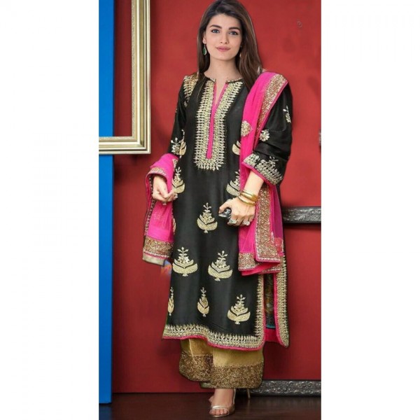 Black embroidered with sequence work lawn fabric dress
