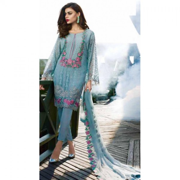 Embroidered Chiffon Dress in Light Blue Colour