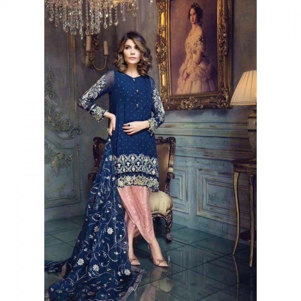 Cutwork Embroidered Dress with Jaal Embroidery Dopatta (Blue Colour)