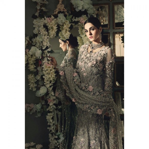 Heavy embroidered Grey Dress with copper and pink embroidery