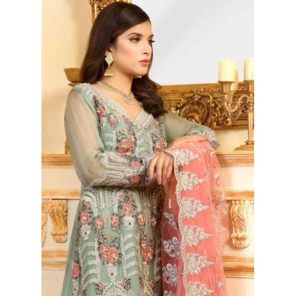 Chiffon Embroidered Dress in Pastel Colors with Net Embroidered Dopatta