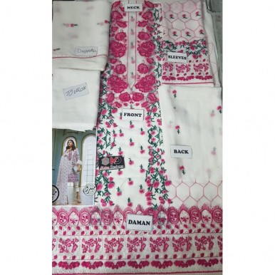Elegant White Chiffon Dress with Pink Embroidery