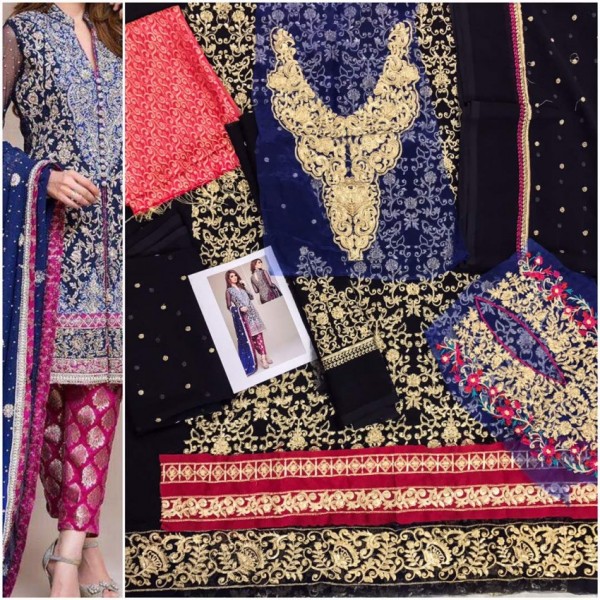 Heavy Embroidered Chiffon Dress with Jamawar Trouser