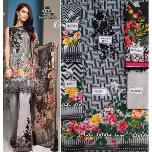 3 Piece Embroidered Linen Dress with Shawl Dopatta in Black and White Color
