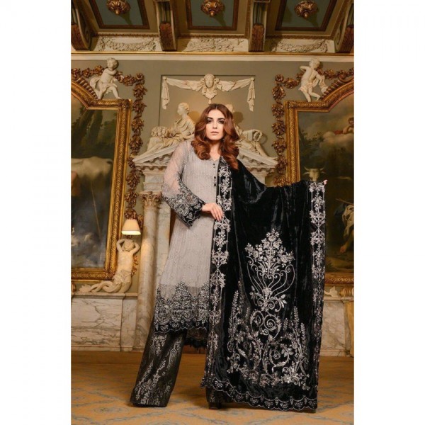 Heavy Embroidered Chiffon Dress with Velvet Embroidery Shawl in Black Color
