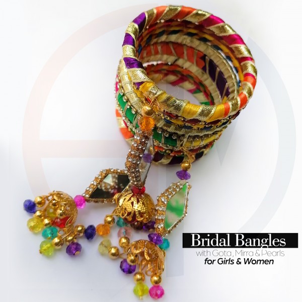 Handmade 10 Bridal Bangles in Multicolor with thread, Pearls and Studs for Wedding / Tail and Mehndi – 2.15 inch
