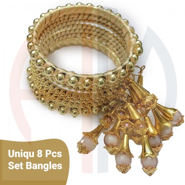 Handmade 8 Bridal Bangles in Golden Color with thread, Pearls and Studs for Wedding / Tail and Mehndi – 2.15 inch