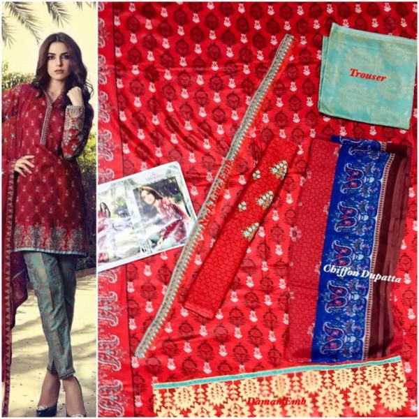 red colour lawn suit