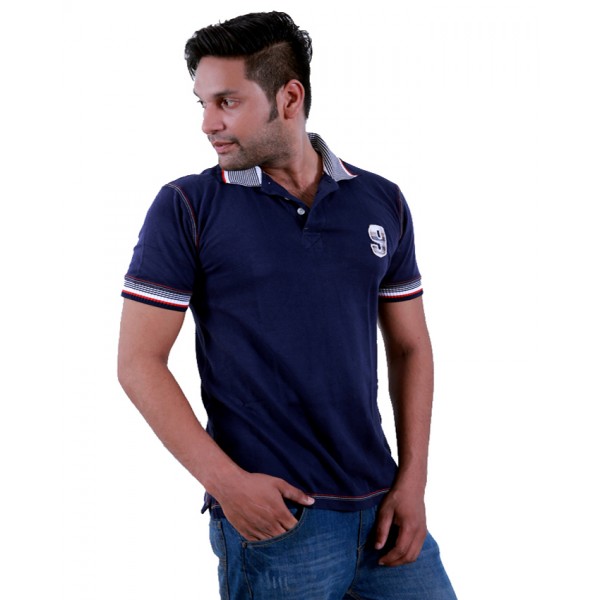 Mens Combed cotton Navy Color Polo Shirt with Jacquard Collar and Cuffs ...