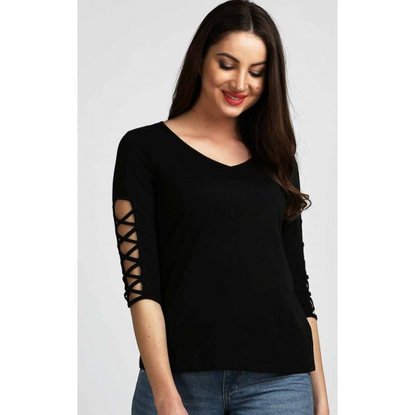 BLACK SLEEVE DESIGNER T-SHIRT FOR GIRLS 