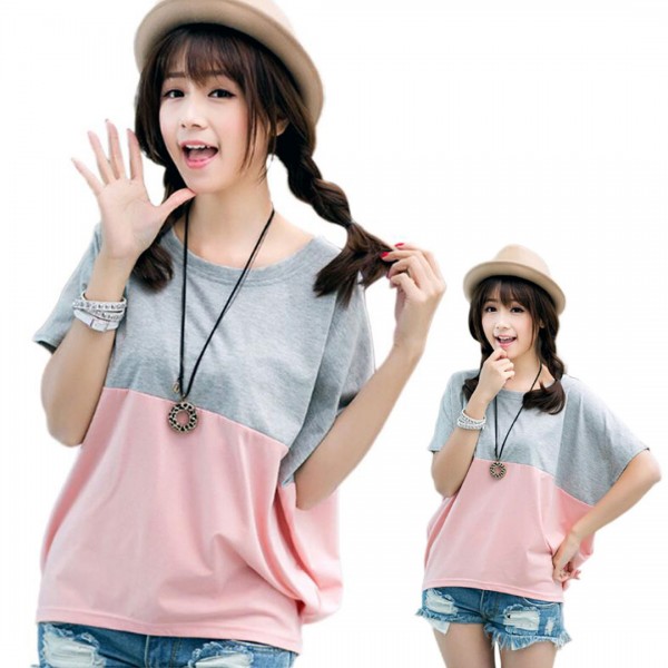 Grey and Pink Color Women Casual Batwing Sleeve T-Shirts