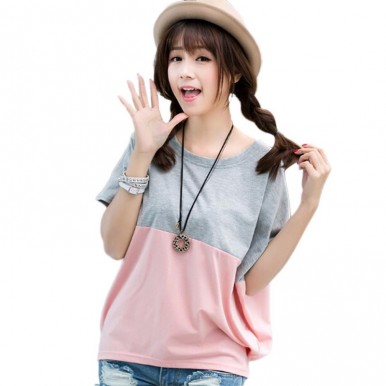 Grey and Pink Color Women Casual Batwing Sleeve T-Shirts