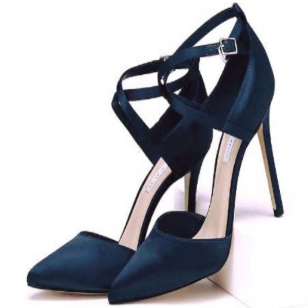 Blue leather heel pumps women - 2250