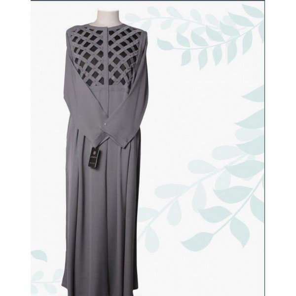 Grey Color Abaya with Black Checkered Neck Design