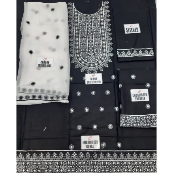 Black and White Embroidered Dress with Chiffon Dupatta