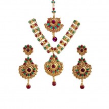 Lead Necklace and Earrings Set with Green and Maroon Beads