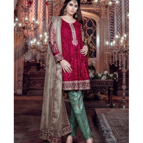  Unstitched 3 piece red and green Chiffon Collection collection