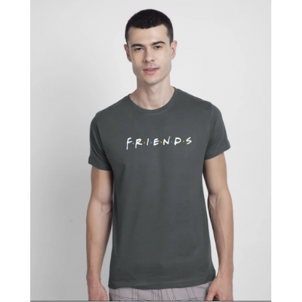 Steel Grey FRIENDS Printed Cotton T shirt For Him