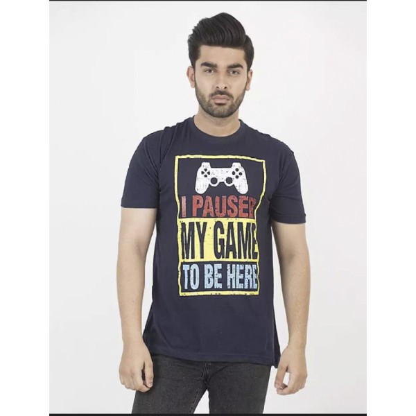 Navy Blue Pause Game Printed Cotton T shirt For Him