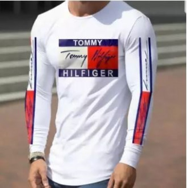 White Tommy Printed Full Sleeves Cotton T shirt