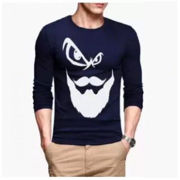 Navy Blue Angry Beard Printed Cotton T shirt For Him