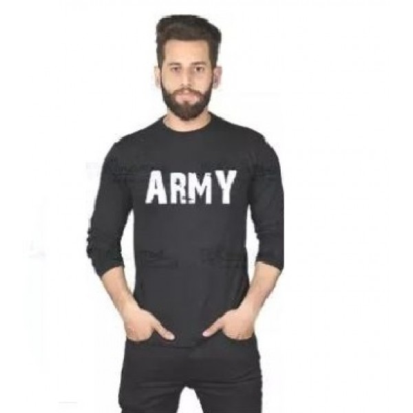 Black Full Sleeves ARMY Printed Cotton T shirt For Him