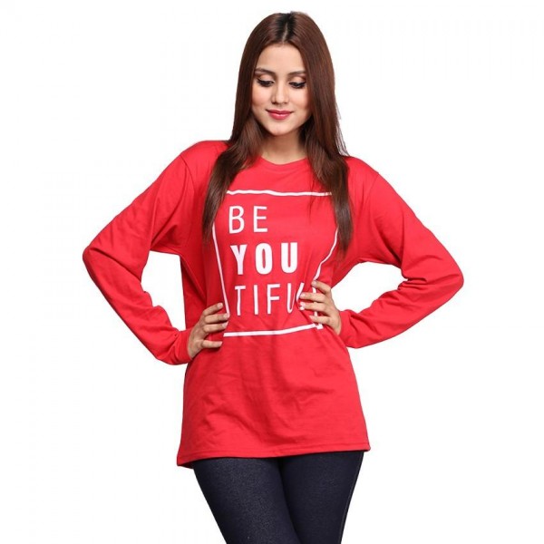 Red Full Sleeves BE-YOU-TIFUL Printed Cotton T shirt