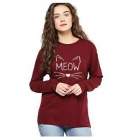 Maroon Meow Printed Full Sleeves Cotton T shirt For Her