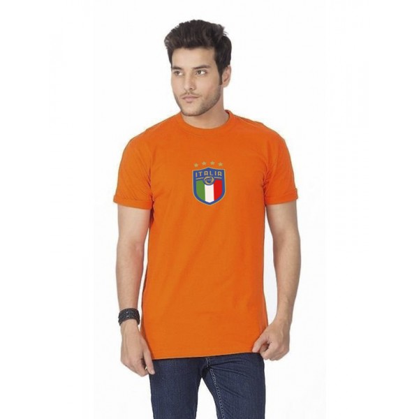 Orange Half Sleeves ITALIA Printed Cotton T shirt For Him