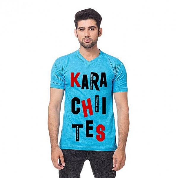Buy V Neck Half Sleeves Karachi T shirt in Turquoise Color online in