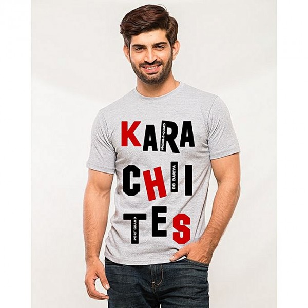 Heather Grey Color Round Neck Karachi Printed T shirt For Him
