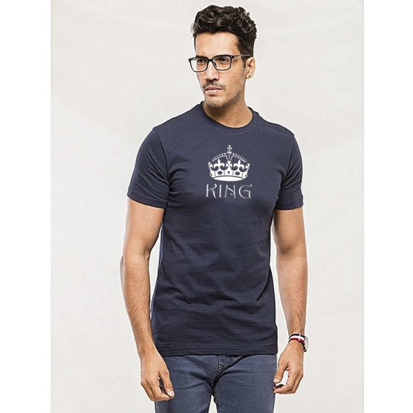 Navy Blue Round Neck Half Sleeves KING Printed T shirt For Him