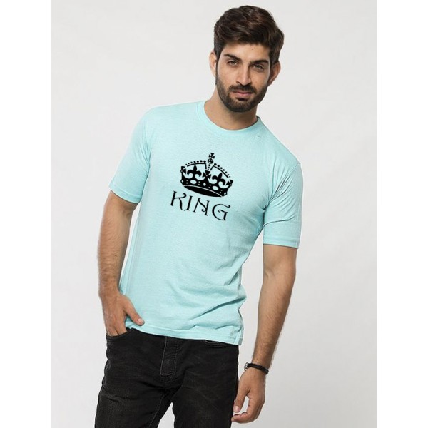 Turquoise Round Neck Half Sleeves KING Printed T shirt