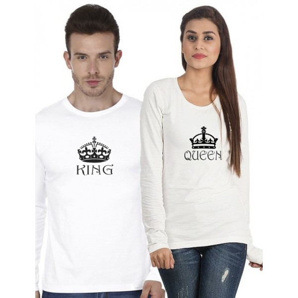 White KING QUEEN Printed Cotton T shirts Bundle For Couple