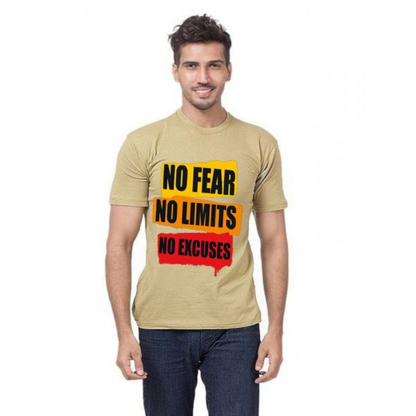 Beigh No Fear No Limit Printed Cotton T shirt