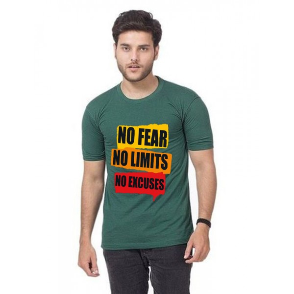 Green Color No Fear No Limit Cotton Printed T shirt For Him