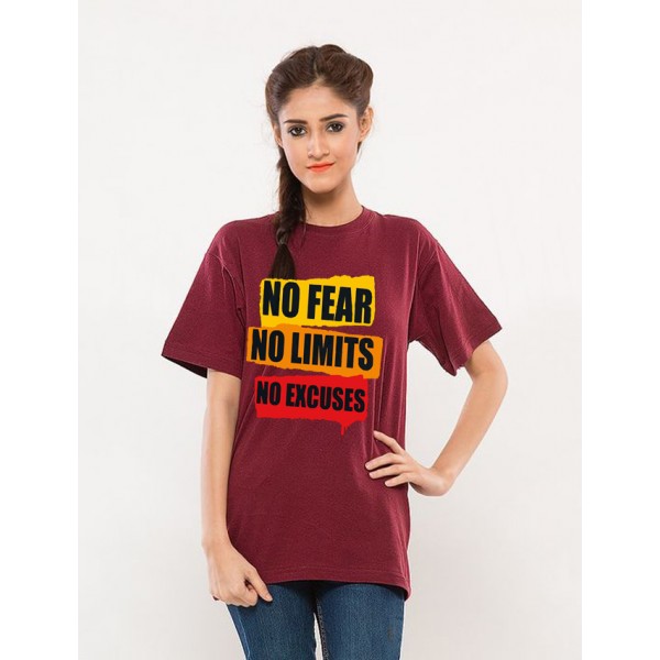 Maroon No Fear No Limit Printed Cotton T shirt For Her