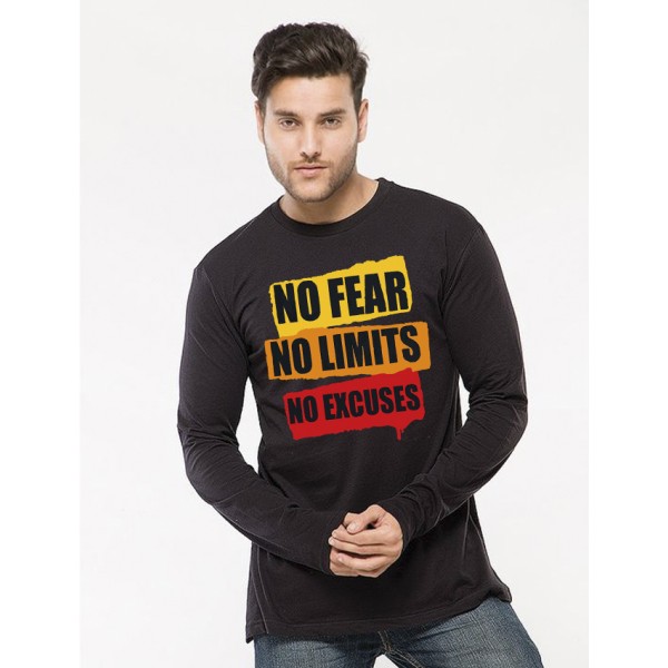 Black Round Neck Full Sleeves No Fear Printed T shirt For Him