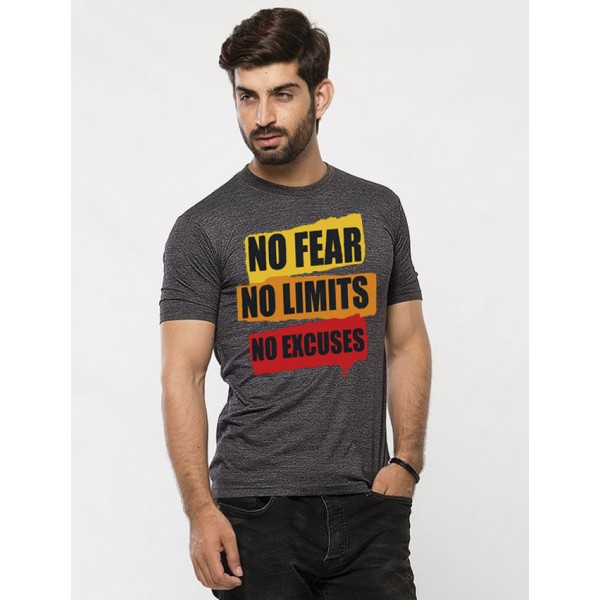 Charcoal Round Neck Half Sleeves No Fear Printed T shirt For Him
