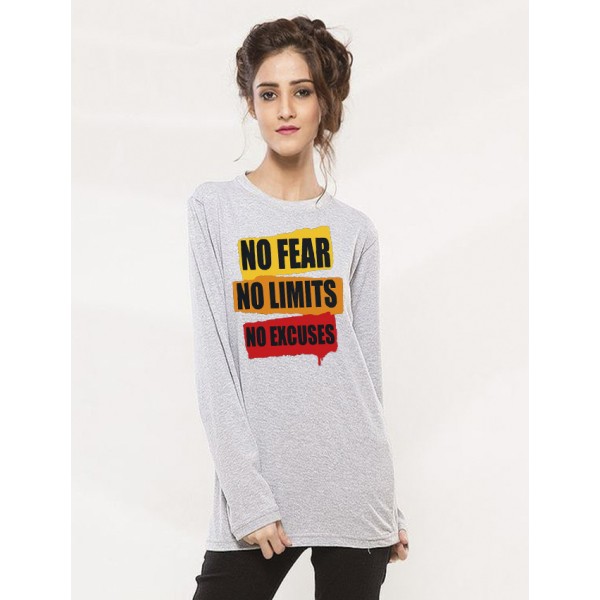 Heather Grey Round Neck Full Sleeves No Fear Printed T shirt For Her