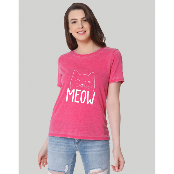 Pink Meow Printed Cotton T shirt For Her