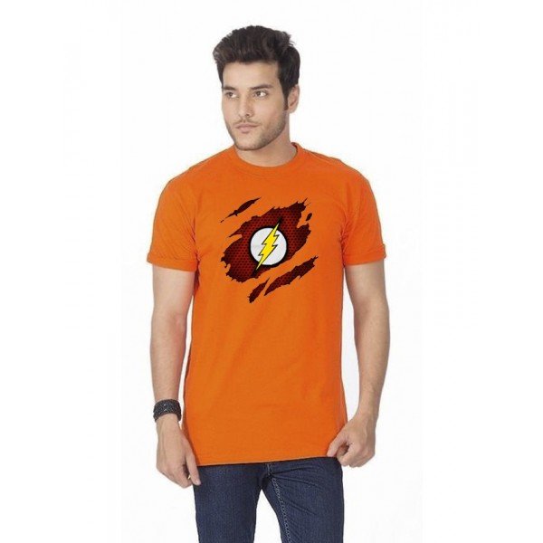 Orange Round Neck Half Sleeves Scratch Flash Printd T shirt