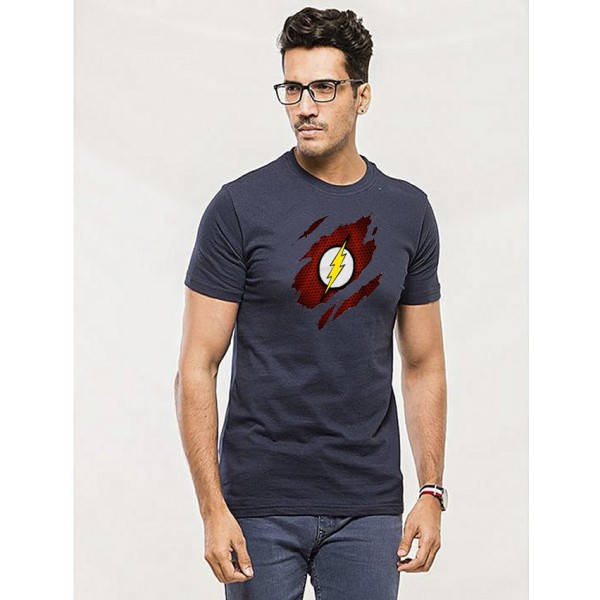 Navy Blue Round Neck Half Sleeves Scratch Flash Printed T shirt For Him