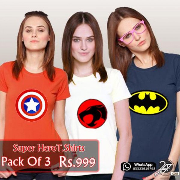 Pack of 03 Super Heroes Printed Cotton T shirt For Her