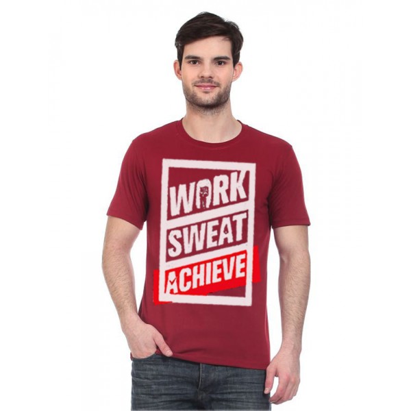 Maroon Colour Work Sweat Achieve Printed T shirt For Him